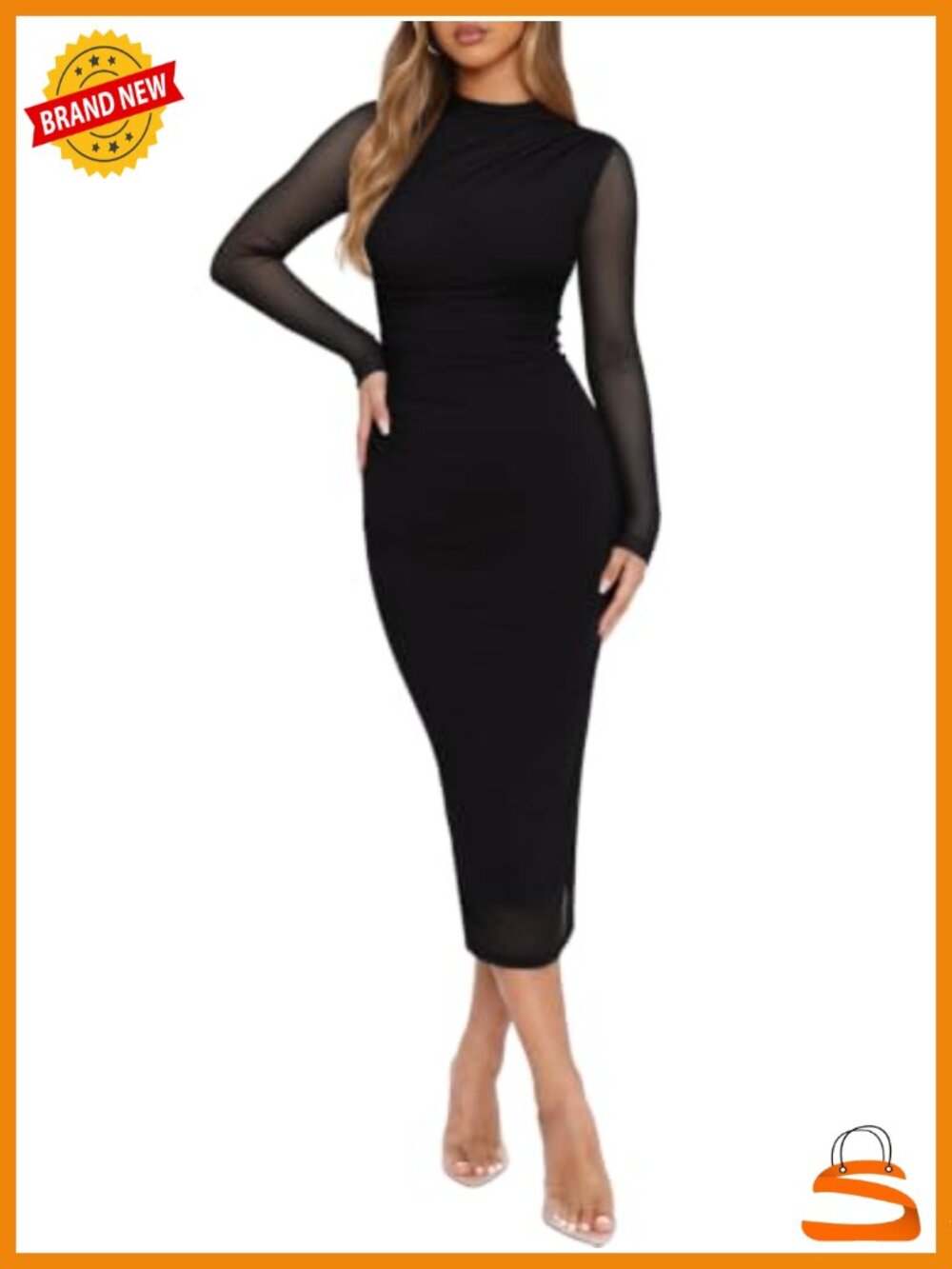 Mesh Sheer Long Sleeve Bodycon Midi Wedding Guest Dress
